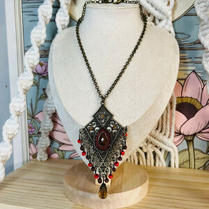 Ornate Beaded Pendant Necklace | Red and‎ Antique Gold Toned | Boho Witchy Style